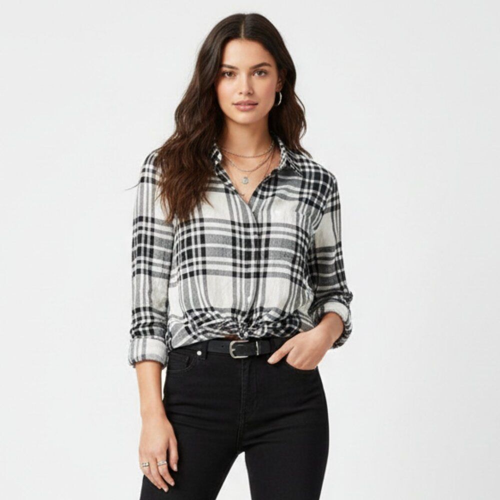 J Crew Black & White Plaid Checks Button Long Sleeve Tie Waist Blouse Top NEW XS